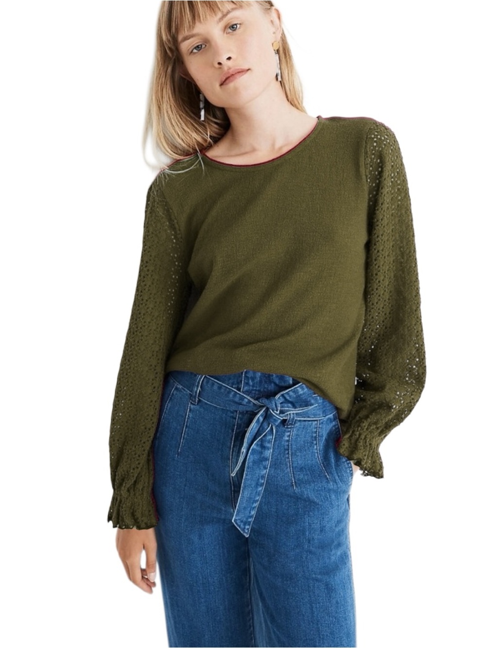Madewell Sheer Eyelet Mix Ruffle Long Sleeve Breathable Sweater Olive Green S